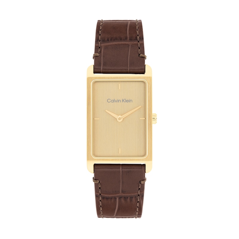 Main Image 1 of Men's Calvin Klein Dapper Gold-Tone Rectangle Dial Watch with Brown Leather Strap (Model: 25200530)