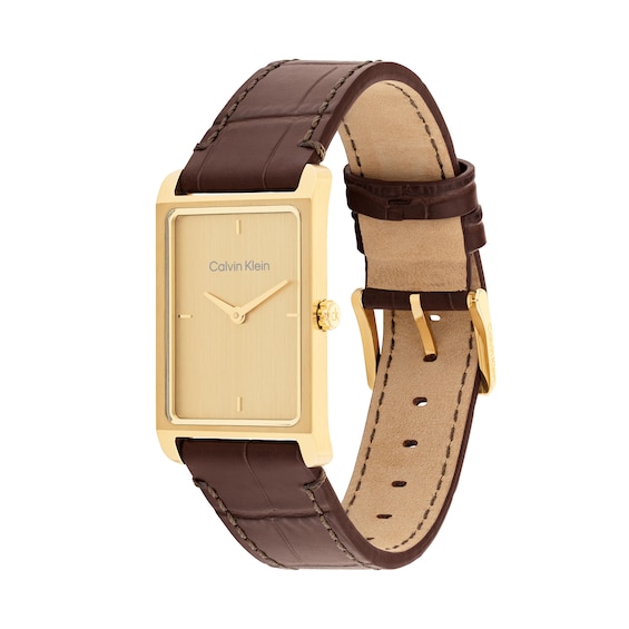 Men's Calvin Klein Dapper Gold-Tone Rectangle Dial Watch with Brown Leather Strap (Model: 25200530)