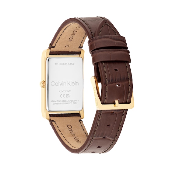 Men's Calvin Klein Dapper Gold-Tone Rectangle Dial Watch with Brown Leather Strap (Model: 25200530)