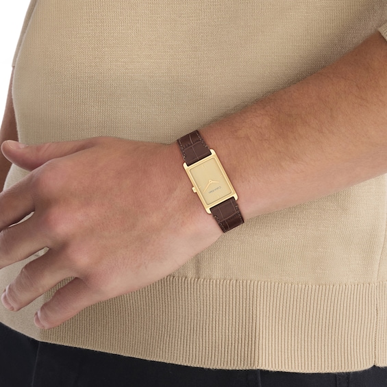 Men's Calvin Klein Dapper Gold-Tone Rectangle Dial Watch with Brown Leather Strap (Model: 25200530)