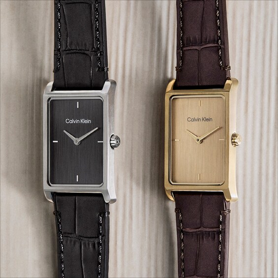 Men's Calvin Klein Dapper Gold-Tone Rectangle Dial Watch with Brown Leather Strap (Model: 25200530)