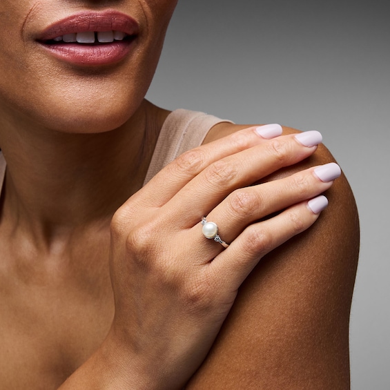 7.0mm Freshwater Cultured Pearl and 1/10 CT. T.w. Lab-Grown Diamond Ring in Sterling Silver