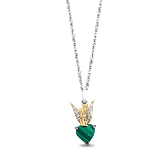 Enchanted Disney Tinker Bell Malachite Heart and Diamond Accent Pendant in Sterling Silver and 14K Gold Plate - 19"