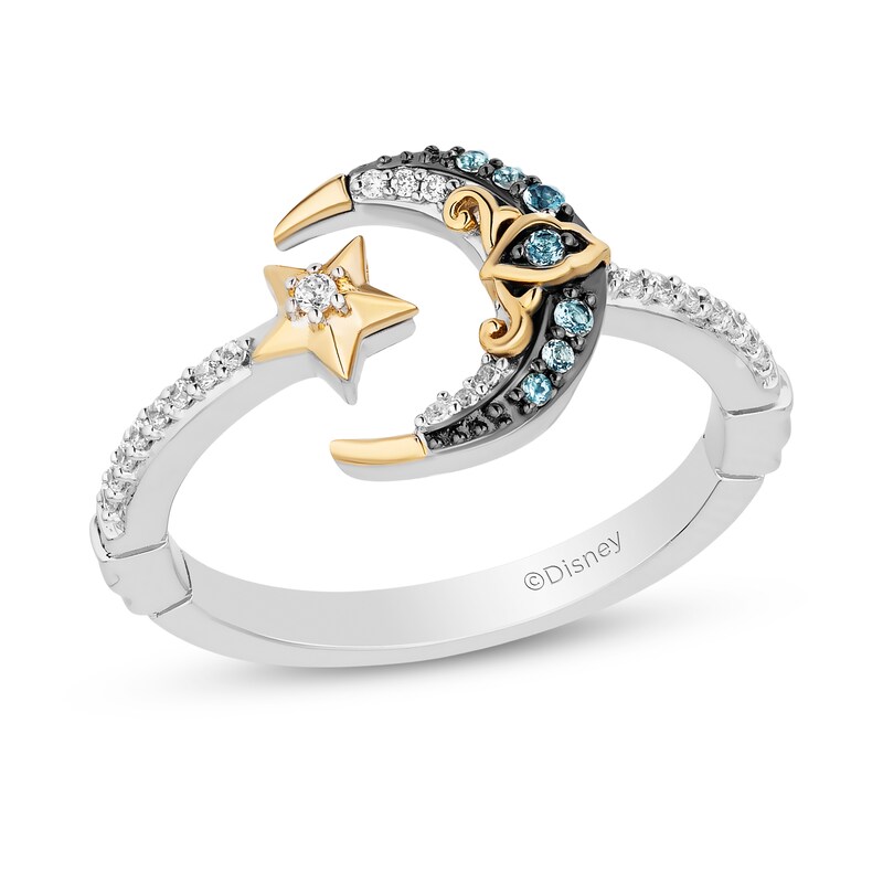 Main Image 1 of Enchanted Disney Jasmine Blue Topaz and 1/10 CT. T.W. Diamond Moon and Stars Open Ring in Sterling Silver and 10K Gold