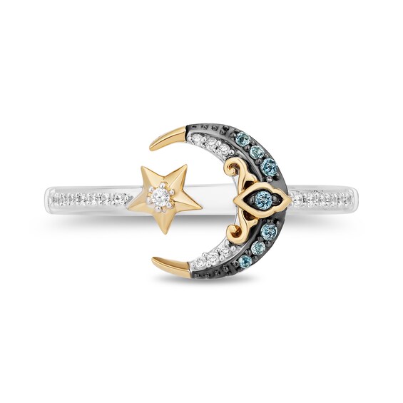 Enchanted Disney Jasmine Blue Topaz and 1/10 CT. T.w. Diamond Moon and Stars Open Ring in Sterling Silver and 10K Gold