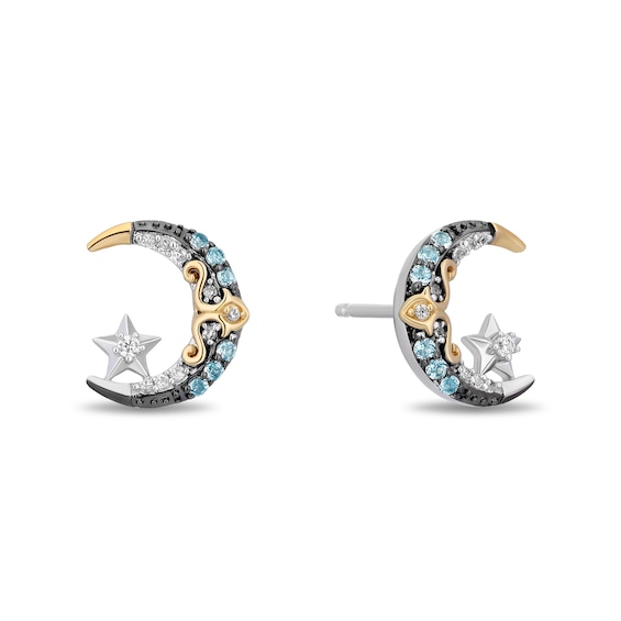 Enchanted Disney Jasmine Blue Topaz and 1/15 CT. T.w. Diamond Moon and Stars Earrings in Sterling Silver and 10K Gold
