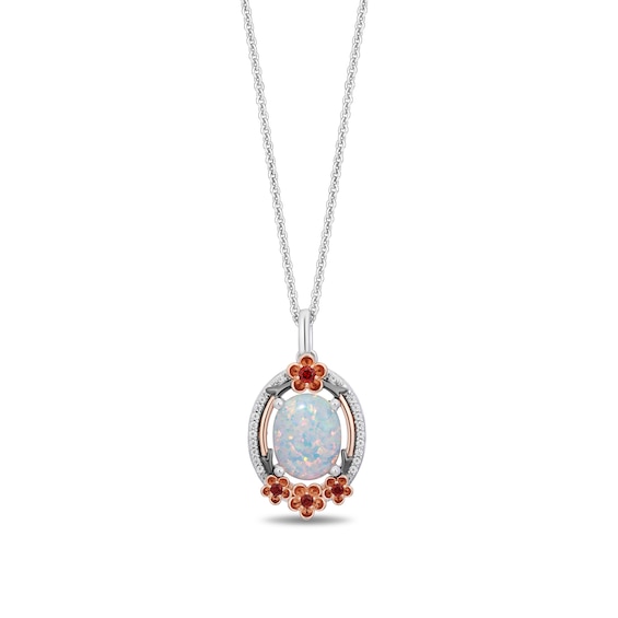 Enchanted Disney Mulan Oval Opal, Garnet and 1/15 CT. T.w. Diamond Pendant in Sterling Silver and 14K Rose Gold Plate