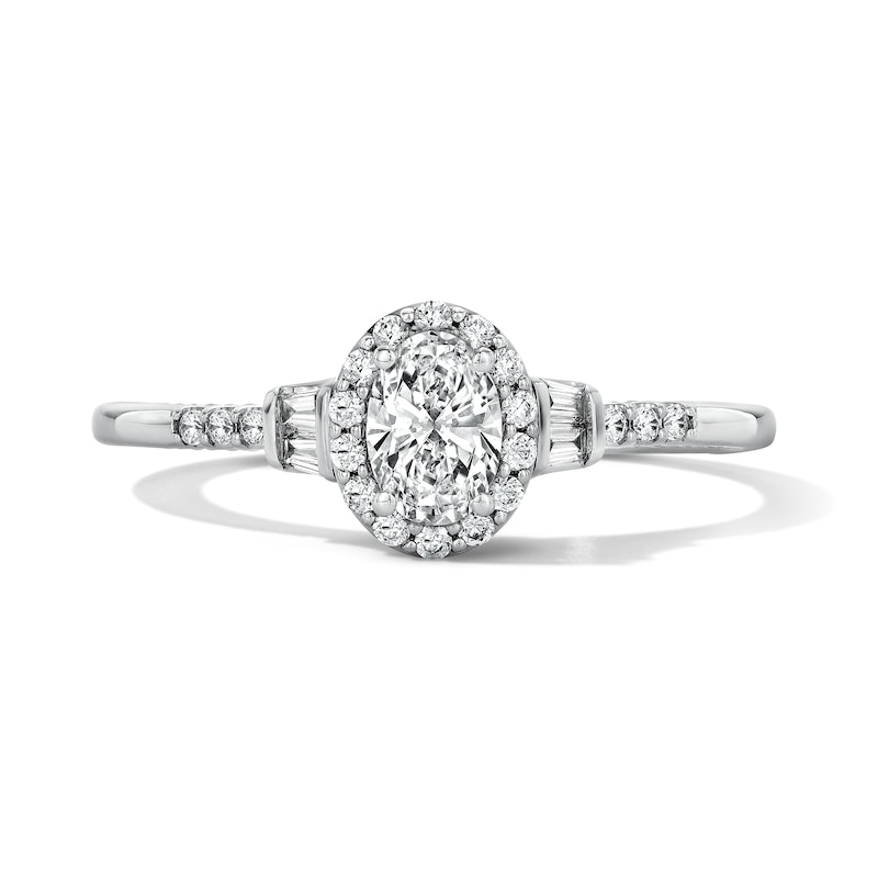 Main Image 1 of Enchanted Disney Belle 3/8 CT. T.W. Oval Lab-Grown Diamond Frame Engagement Ring in 10K White and Rose Gold (F/VS2)