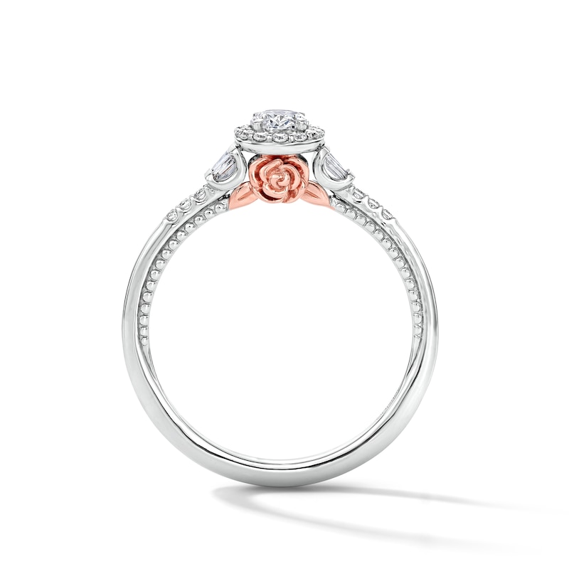 Main Image 4 of Enchanted Disney Belle 3/8 CT. T.W. Oval Lab-Grown Diamond Frame Engagement Ring in 10K White and Rose Gold (F/VS2)