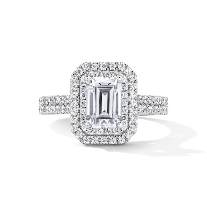 Main Image 1 of 2-1/5 CT. T.W. Certified Emerald-Cut Lab-Grown Diamond Double Frame Engagement Ring in 14K White Gold (F/VS2)