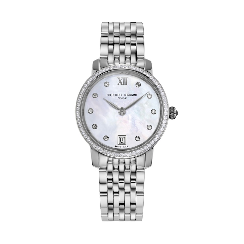 Main Image 1 of Ladies' Frederique Constant Slimline 5/8 CT. T.W. Diamond Watch with Mother-of-Pearl Dial (Model: FC-220MPWD1SD26B)