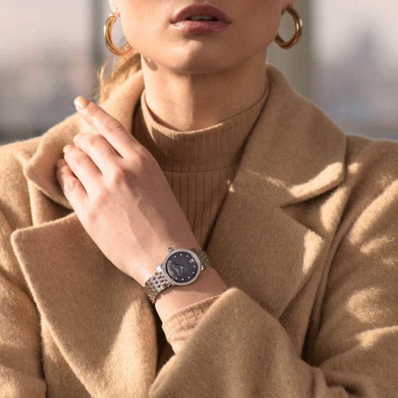 Main Image 2 of Ladies' Frederique Constant Slimline 5/8 CT. T.W. Diamond Watch with Grey Mother-of-Pearl Dial (Model: FC-220MPBD1SD26B)