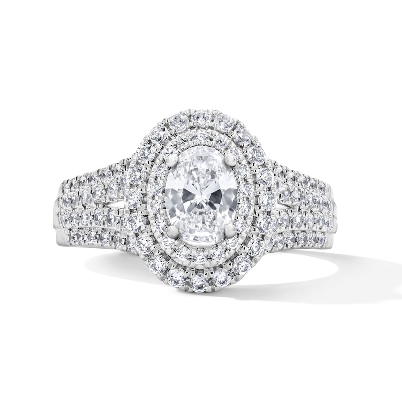 Main Image 1 of 1-1/4 CT. T.W. Oval Certified Lab-Grown Diamond Double Frame Engagement Ring in 14K White Gold (F/VS2)
