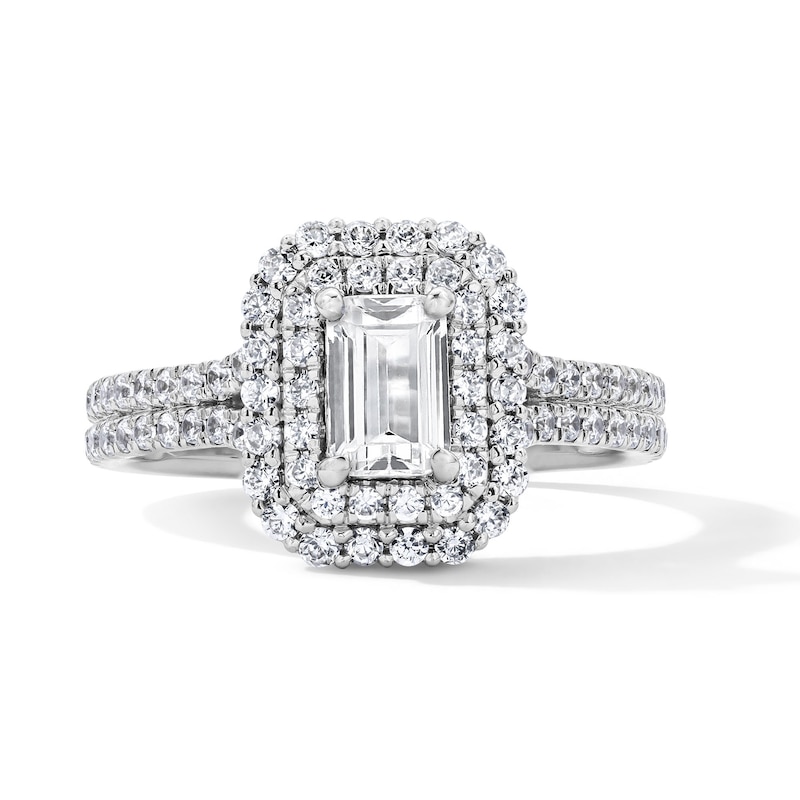 Main Image 1 of 1-1/4 CT. T.W. Emerald-Cut Certified Lab-Grown Diamond Frame Engagement Ring in 14K White Gold (F/VS2)