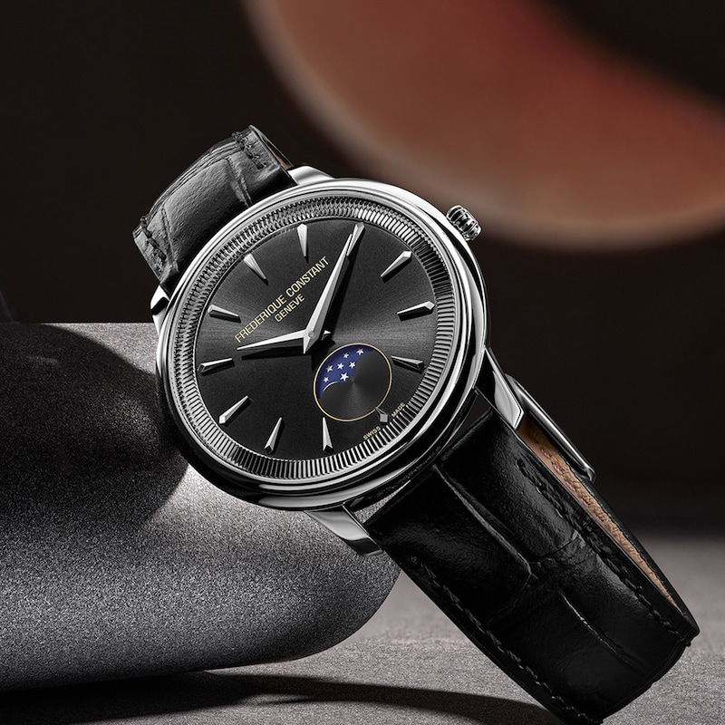 Main Image 6 of Men's Frederique Constant Classics Moneta Moonphase Watch with Black Dial and Leather Strap (Model: FC-206B3S6)