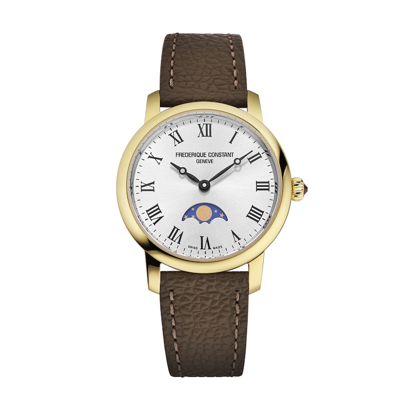 Main Image 1 of Ladies' Frederique Constant Slimline Moonphase Watch with Silver-Tone Dial and Brown Leather Strap (Model: FC-206RS1S5)