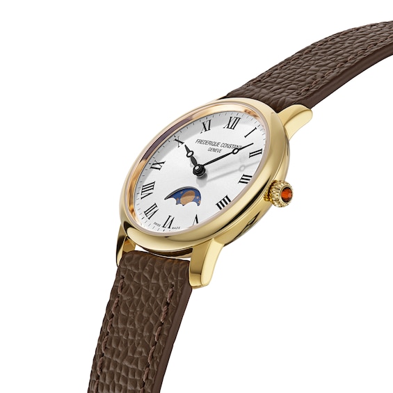 Ladies' Frederique Constant Slimline Moonphase Watch with Silver-Tone Dial and Brown Leather Strap (Model: Fc-206Rs1S5)