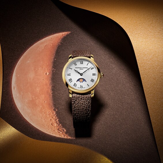 Ladies' Frederique Constant Slimline Moonphase Watch with Silver-Tone Dial and Brown Leather Strap (Model: Fc-206Rs1S5)