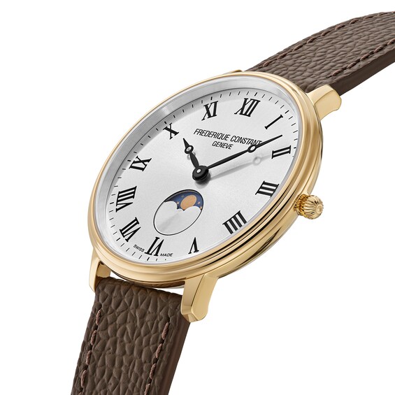 Men’s Frederique Constant Moonphase Gold-Tone IP Watch with Silver-Tone Dial and Brown Leather Strap (Model: Fc-206Rs3S5)