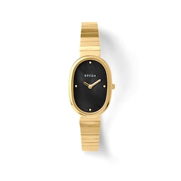 Ladies' BREDA Jane Analog Watch with Black Mother-of-Pearl Dial and 18K Gold-Plated Bracelet (Model: 1741d)