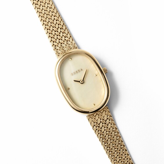 Ladies' Breda Jane Analog Watch with Champagne Mother-of-Pearl Dial and 18K Gold-Plated Mesh Bracelet (Model: 1741n)