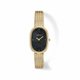 Ladies' BREDA Jane Analog Watch with Black Mother-of-Pearl Dial and 18K Gold-Plated Mesh Bracelet (Model: 1741r)