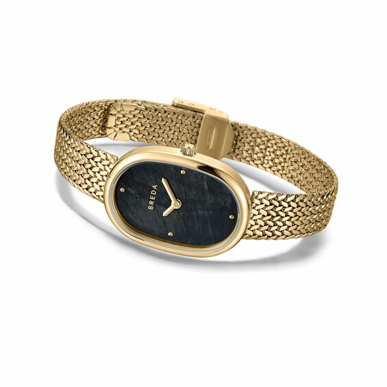 Ladies' Breda Jane Analog Watch with Black Mother-of-Pearl Dial and 18K Gold-Plated Mesh Bracelet (Model: 1741r)