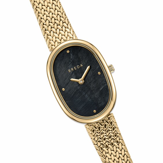 Ladies' Breda Jane Analog Watch with Black Mother-of-Pearl Dial and 18K Gold-Plated Mesh Bracelet (Model: 1741r)