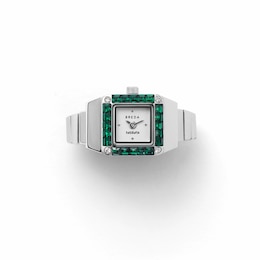BREDA x Dalmata Time Ring with White Dial, Green Crystal Accents, and Stainless Steel Expander Band (Model: 1748a)