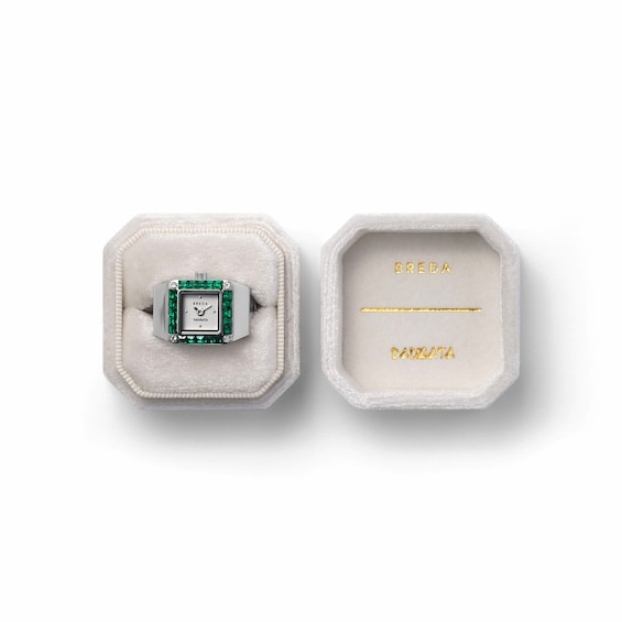 Breda x Dalmata Time Ring with White Dial, Green Crystal Accents, and Stainless Steel Expander Band (Model: 1748a)