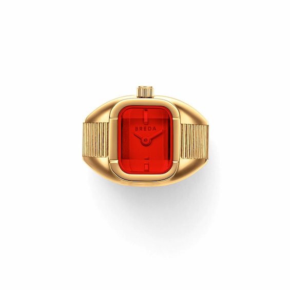Breda Nocturne Time Ring with Red Dial and 18K Gold-Plated Stainless Steel Expander Band (Model: 1755c)