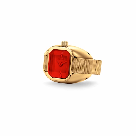 Breda Nocturne Time Ring with Red Dial and 18K Gold-Plated Stainless Steel Expander Band (Model: 1755c)