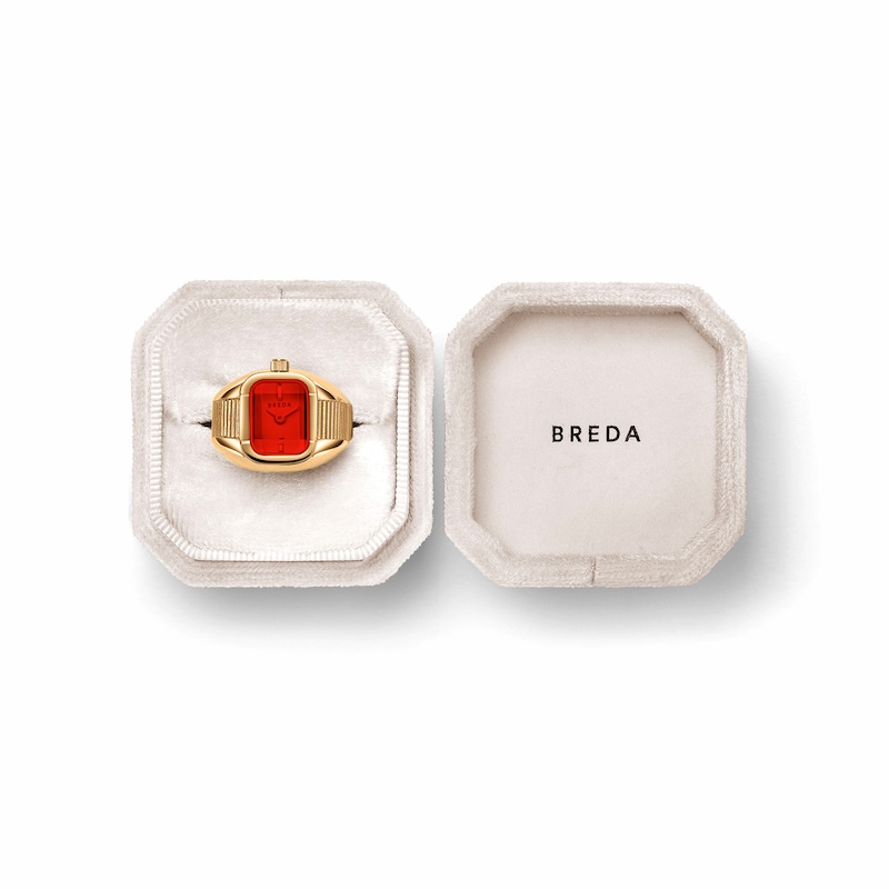 Main Image 5 of BREDA Nocturne Time Ring with Red Dial and 18K Gold-Plated Stainless Steel Expander Band (Model: 1755c)
