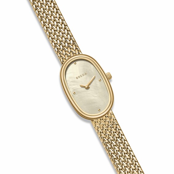 Ladies' Breda Jane Small Watch with Champagne Mother-of-Pearl Dial and 18K Gold-Plated Mesh Bracelet (Model: 1757a)