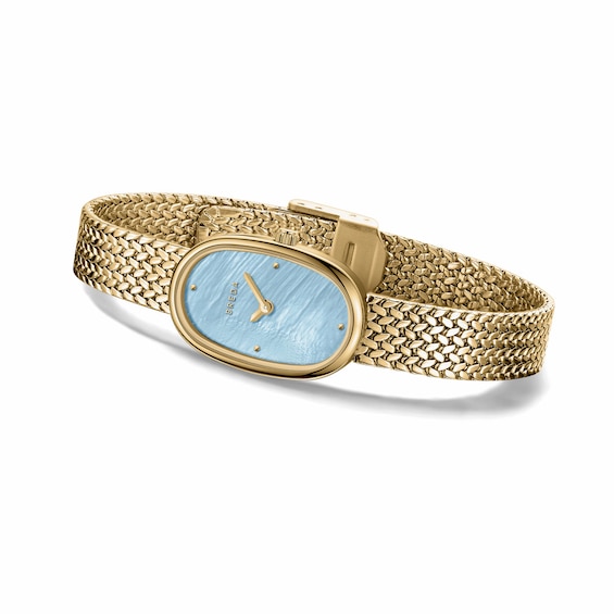 Ladies' Breda Jane Small Analog Watch with Blue Mother-of-Pearl Dial and 18K Gold-Plated Mesh Bracelet (Model: 1757d)