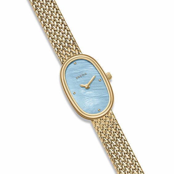 Ladies' Breda Jane Small Analog Watch with Blue Mother-of-Pearl Dial and 18K Gold-Plated Mesh Bracelet (Model: 1757d)