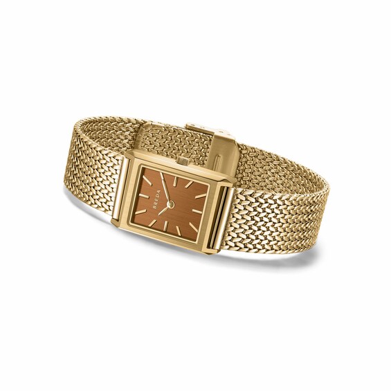 Unisex Breda Virgil Small Analog Watch with Brown Dial and 18K Gold-Plated Mesh Bracelet (Model: 1758c)