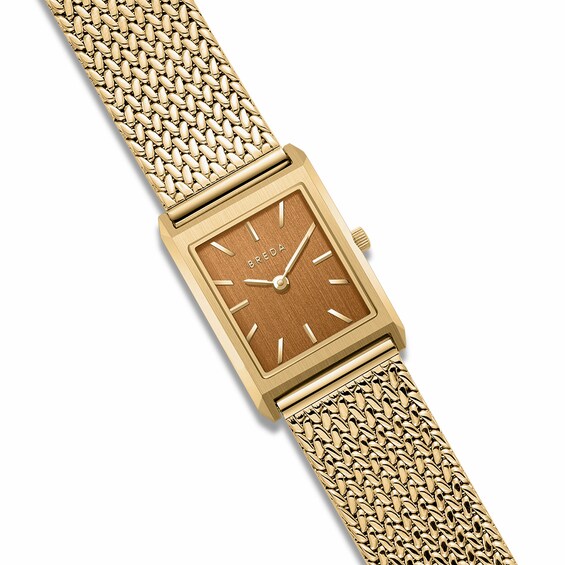 Unisex Breda Virgil Small Analog Watch with Brown Dial and 18K Gold-Plated Mesh Bracelet (Model: 1758c)