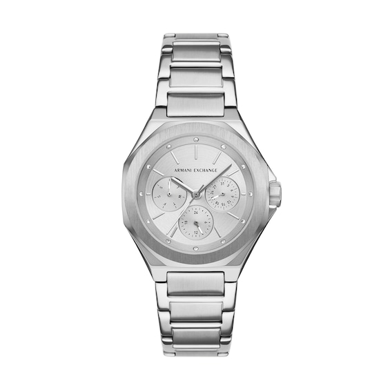 Ladies' Armani Exchange Lola Chronograph Stainless Steel Watch with Silver-Tone and Crystal Dial (Model: Ax4622)