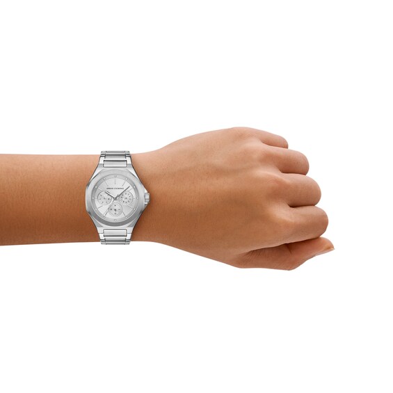 Ladies' Armani Exchange Lola Chronograph Stainless Steel Watch with Silver-Tone and Crystal Dial (Model: Ax4622)