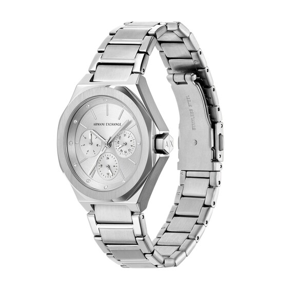 Ladies' Armani Exchange Lola Chronograph Stainless Steel Watch with Silver-Tone and Crystal Dial (Model: Ax4622)