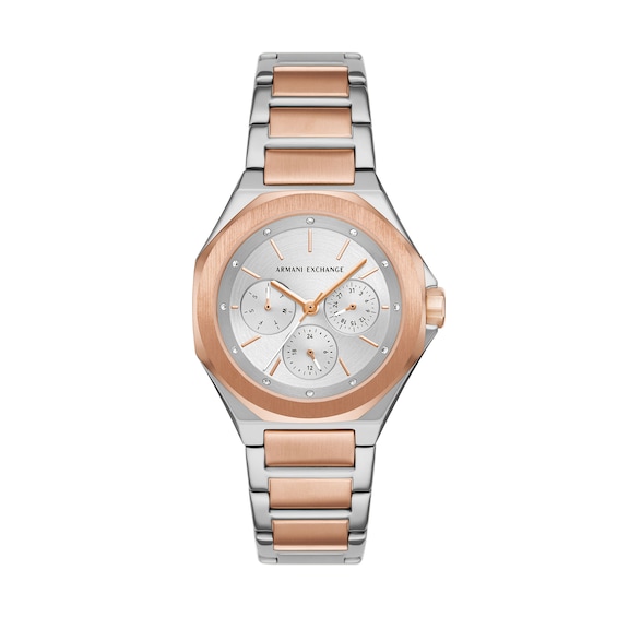 Ladies' Armani Exchange Lola Chronograph TwoTone Watch with Silver-Tone and Crystal Dial (Model: Ax4623)