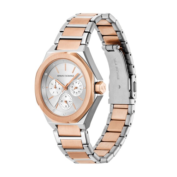 Ladies' Armani Exchange Lola Chronograph TwoTone Watch with Silver-Tone and Crystal Dial (Model: Ax4623)