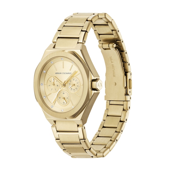 Ladies' Armani Exchange Lola Chronograph Gold-Tone IP Watch with Gold-Tone and Crystal Dial (Model: Ax4624)
