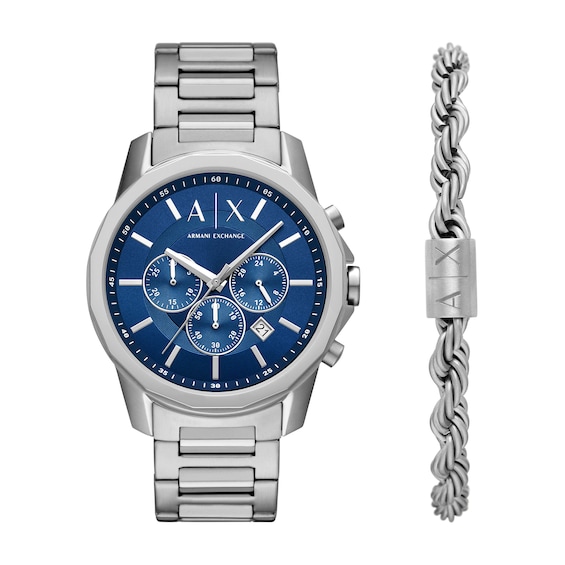 Men's Armani Exchange Chronograph Watch with Blue Dial and Stainless Steel Bracelet Set (Model: Ax7176Set)
