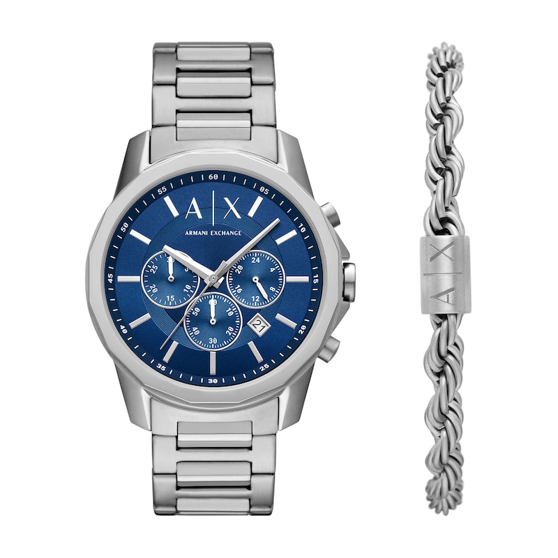 Main Image 1 of Men's Armani Exchange Chronograph Watch with Blue Dial and Stainless Steel Bracelet Set (Model: AX7176SET)