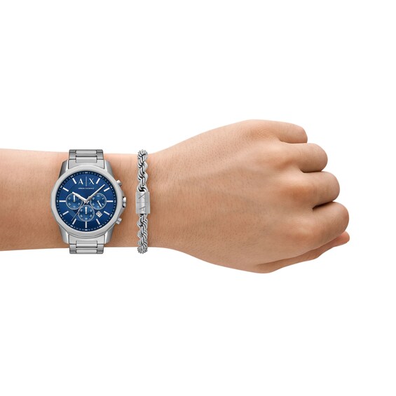 Men's Armani Exchange Chronograph Watch with Blue Dial and Stainless Steel Bracelet Set (Model: Ax7176Set)