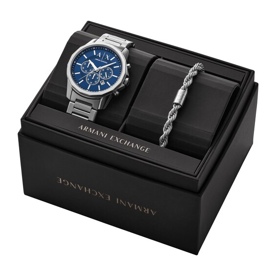 Men's Armani Exchange Chronograph Watch with Blue Dial and Stainless Steel Bracelet Set (Model: Ax7176Set)