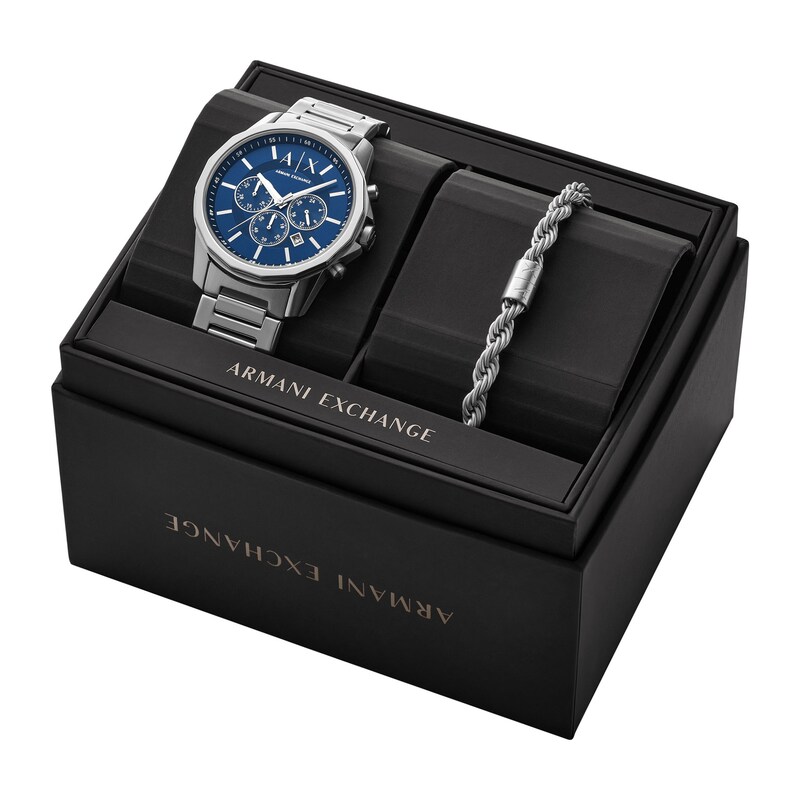 Main Image 5 of Men's Armani Exchange Chronograph Watch with Blue Dial and Stainless Steel Bracelet Set (Model: AX7176SET)