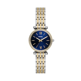 Ladies' Fossil Carlie Analog Watch in Two-Tone Stainless Steel with Blue Dial and Crystal Accents (Model: ES5438)